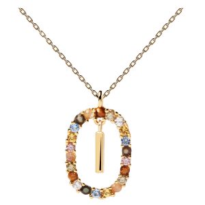 Colar Pdpaola Letra I Dourado Aro Cristais Multicolores CO01-268-U