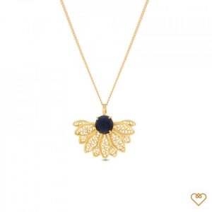 Colar Saudade Filigrana Dourado 1/2 Arco Folhas Zirconia Azul 1CM-111048