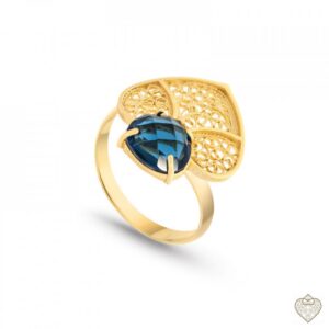 Anel Saudade Filigrana Dourado Coração Zirconia Azul Ajustável 1AS-111047