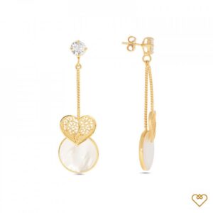 Brincos Filigrana Saudade Dourado Coração Madreperola Solitário 1B7-111053