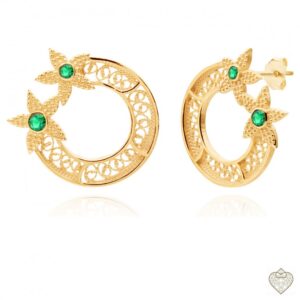 Brincos Saudade Dourado Filigrana Semi Círculo P.Verdes Flores Pontas 1B7-111060