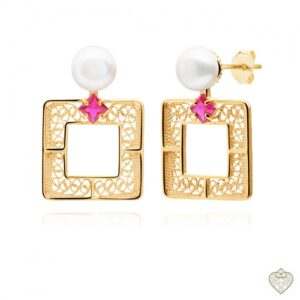 Brincos Saudade Dourado Filigrana Quadrado Perola P.Futchia 1B7-111062