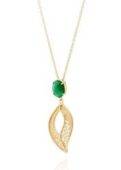 Colar Saudade Filigrana Dourado Zirconia Verde 2 folhas 1CM-111085