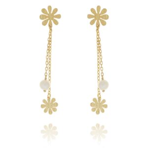 Brincos Aim Dourado Blossom Longos Flor e Pérola Corrente Torn PRPB.1352