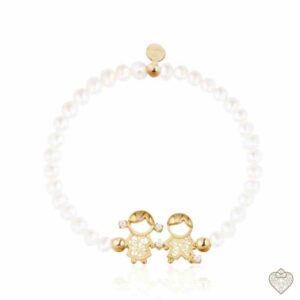Pulseira Saudade Dourado Pérolas Elástica Casal 1PP-FL0471B